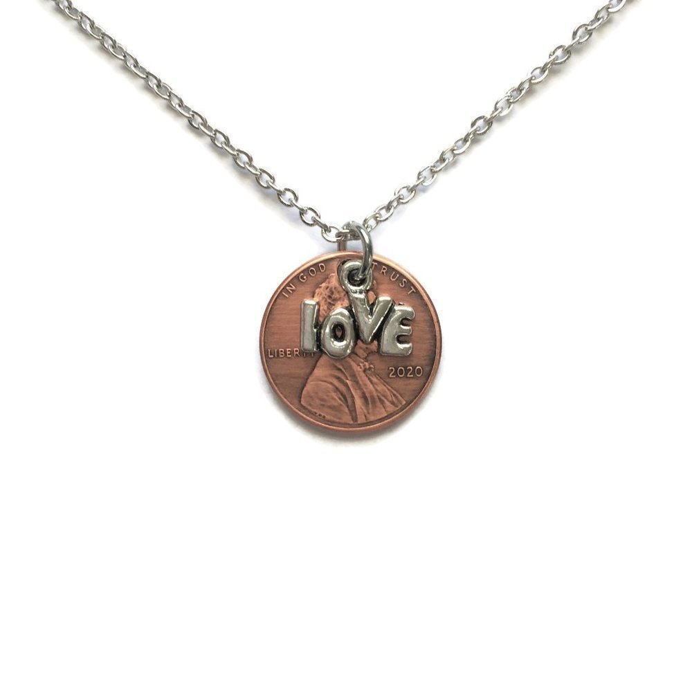 2010-2022 Handmade Lucky Penny LOVE Necklace Unisex Stainless Steel Chain Copper - Picture 2 of 5